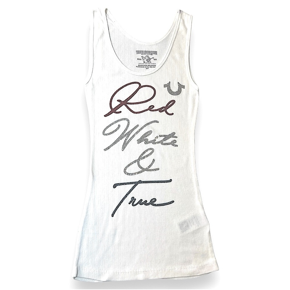 True Religion Red White & True Lettering & Tonal Crystal Embellishments.